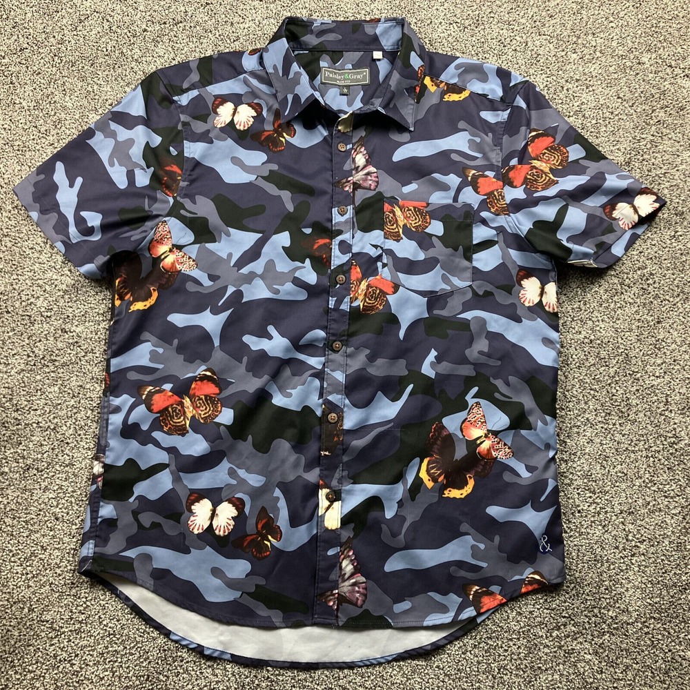 Paisley Gray Shirt Mens Large 17 Multicolor Camo Slim Fit Short Sleeve Button Up